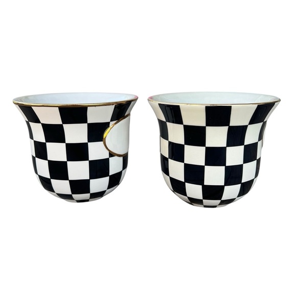 MacKenzie-Childs Courtly Check Black Tie Ceramic Herb Pot Set 4x5 GUC READ - Picture 4 of 11
